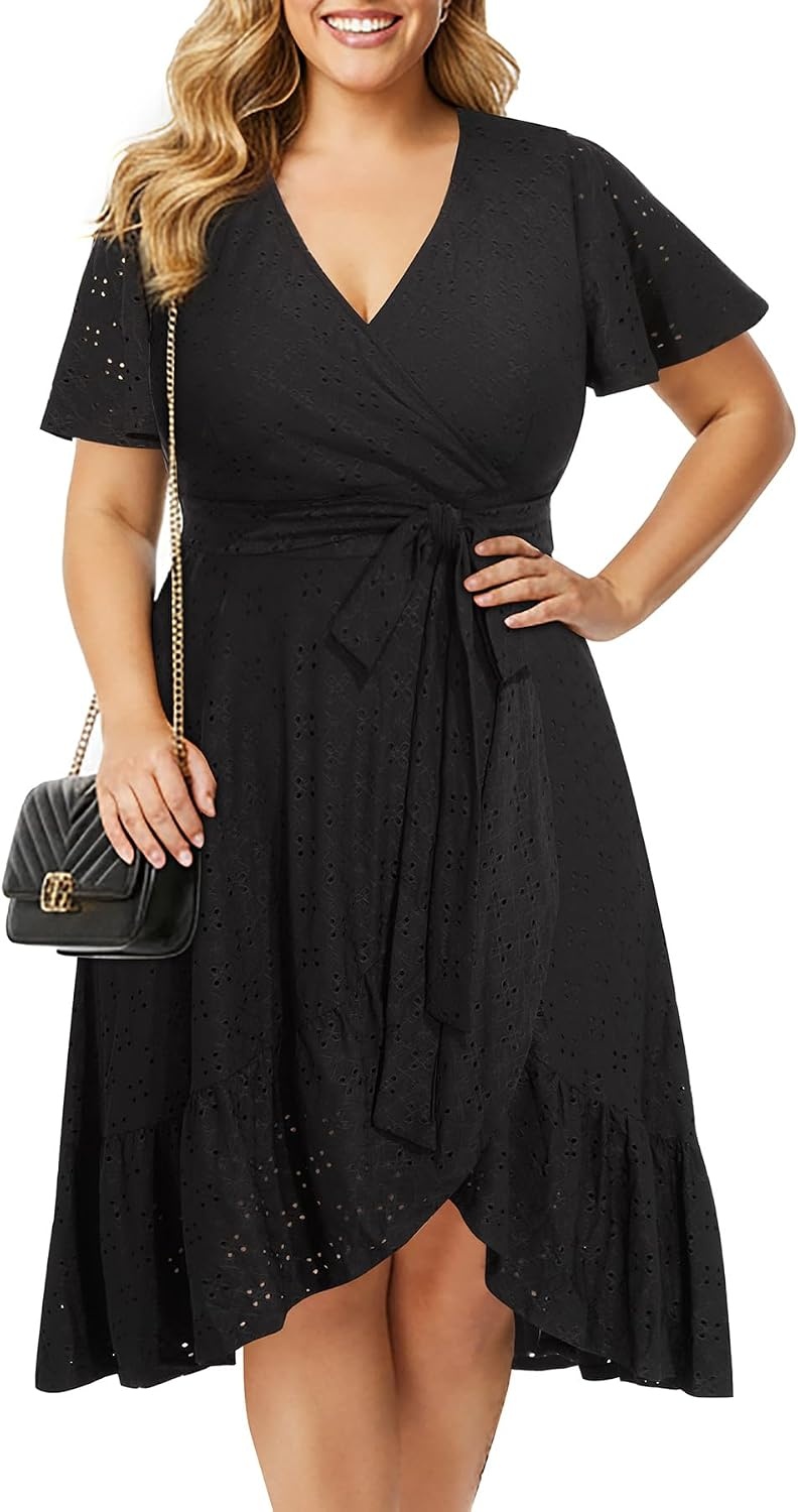 Plus Size Summer Dress – Casual Midi Eyelet V Neck A Line Dress for Women | Plus size casual dress, breathable eyelet material, short sleeve wrap V-neck with belt and A-line style for curvy women.(Black)
