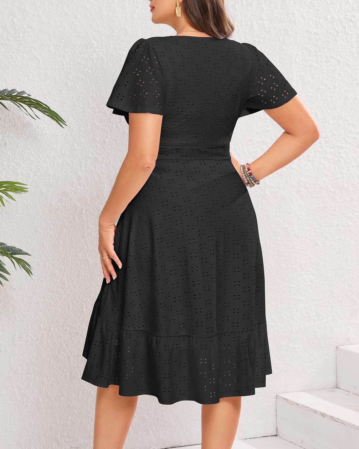 Plus Size Summer Dress – Casual Midi Eyelet V Neck A Line Dress for Women | Plus size casual dress, breathable eyelet material, short sleeve wrap V-neck with belt and A-line style for curvy women.(Black)