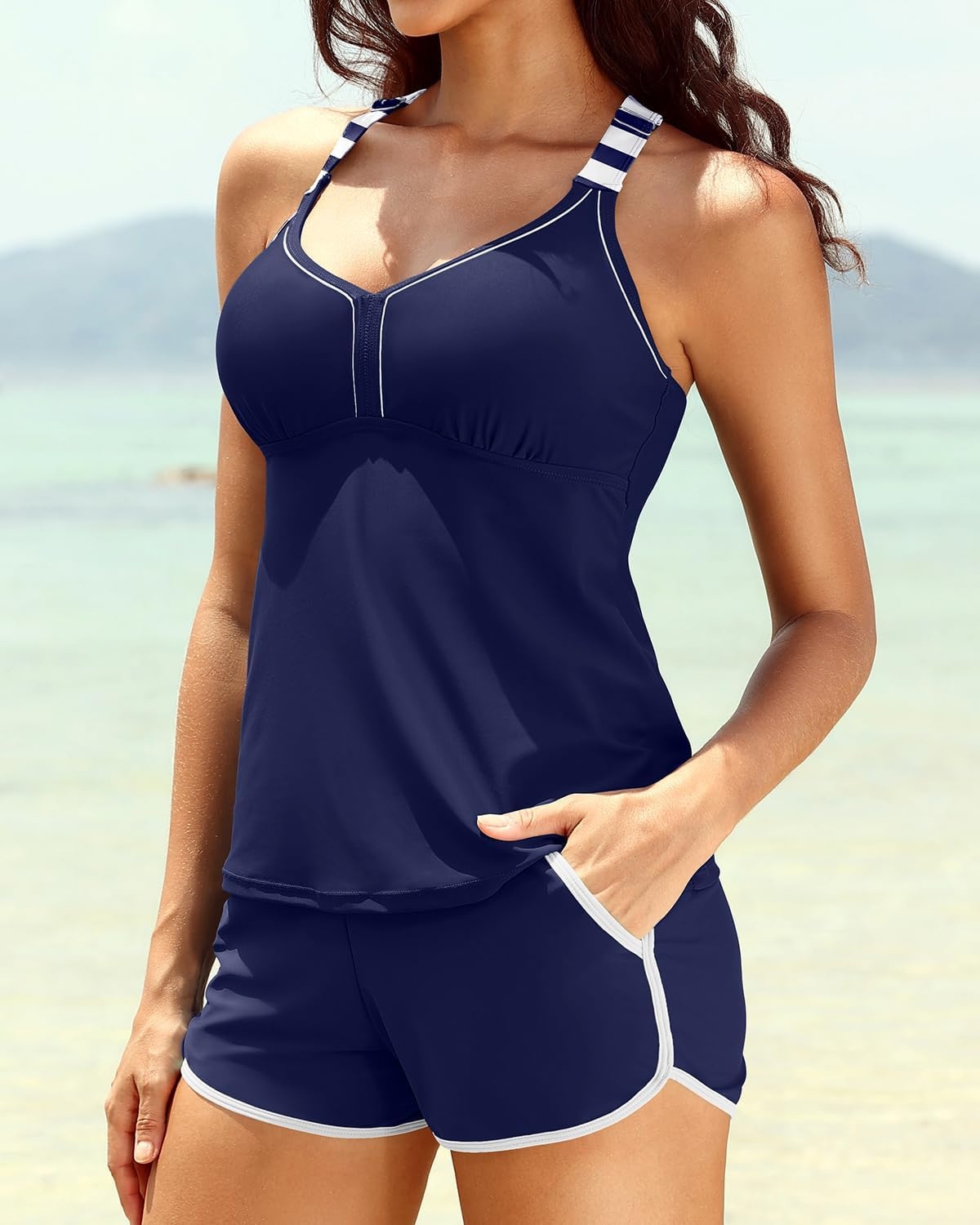 Talisea Women 2 Piece Tankini Swimsuit with Pockets Boy Shorts Modest Bathing Suit Tummy Control Tank Top(Blue and Stripe)