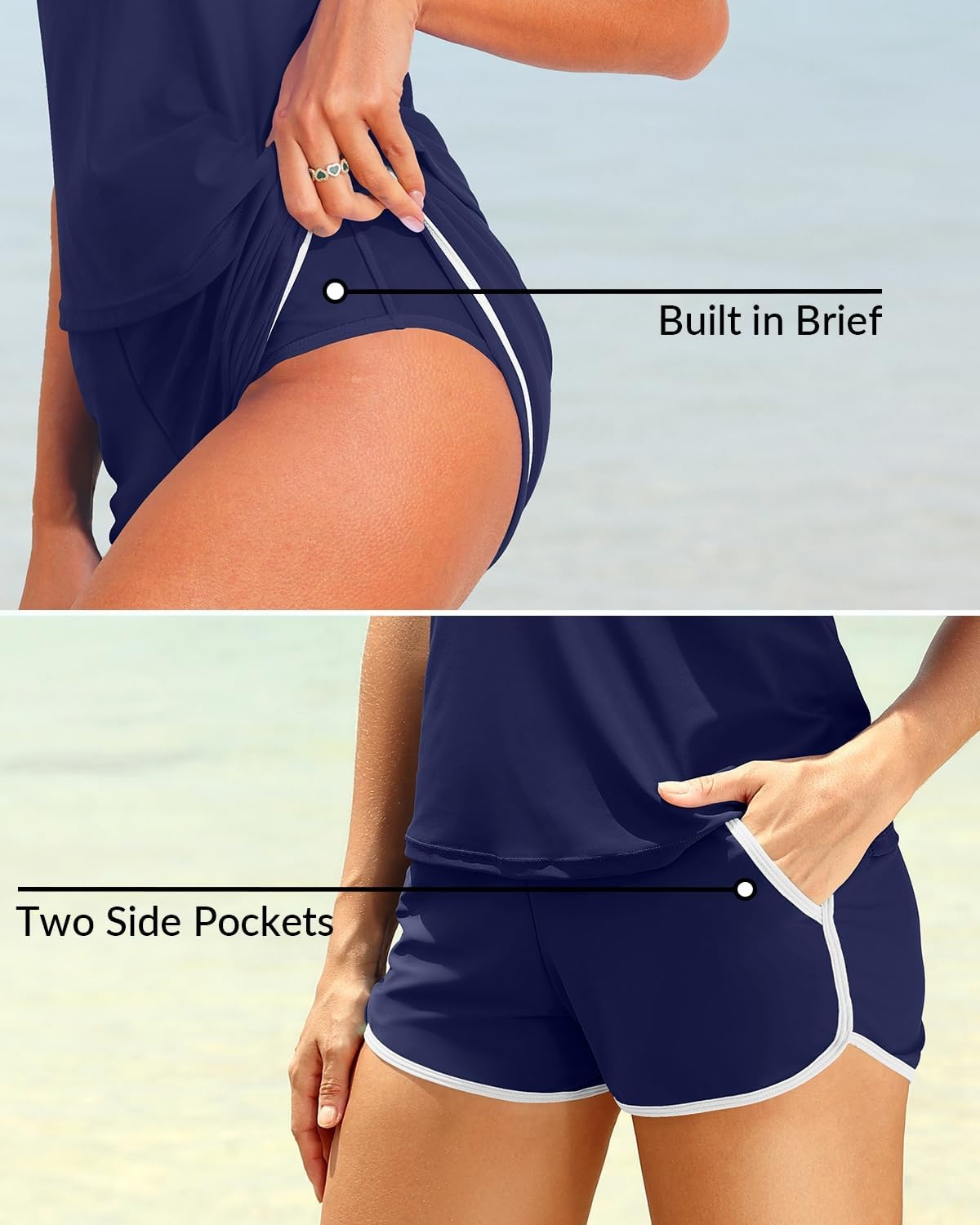 Talisea Women 2 Piece Tankini Swimsuit with Pockets Boy Shorts Modest Bathing Suit Tummy Control Tank Top(Blue and Stripe)
