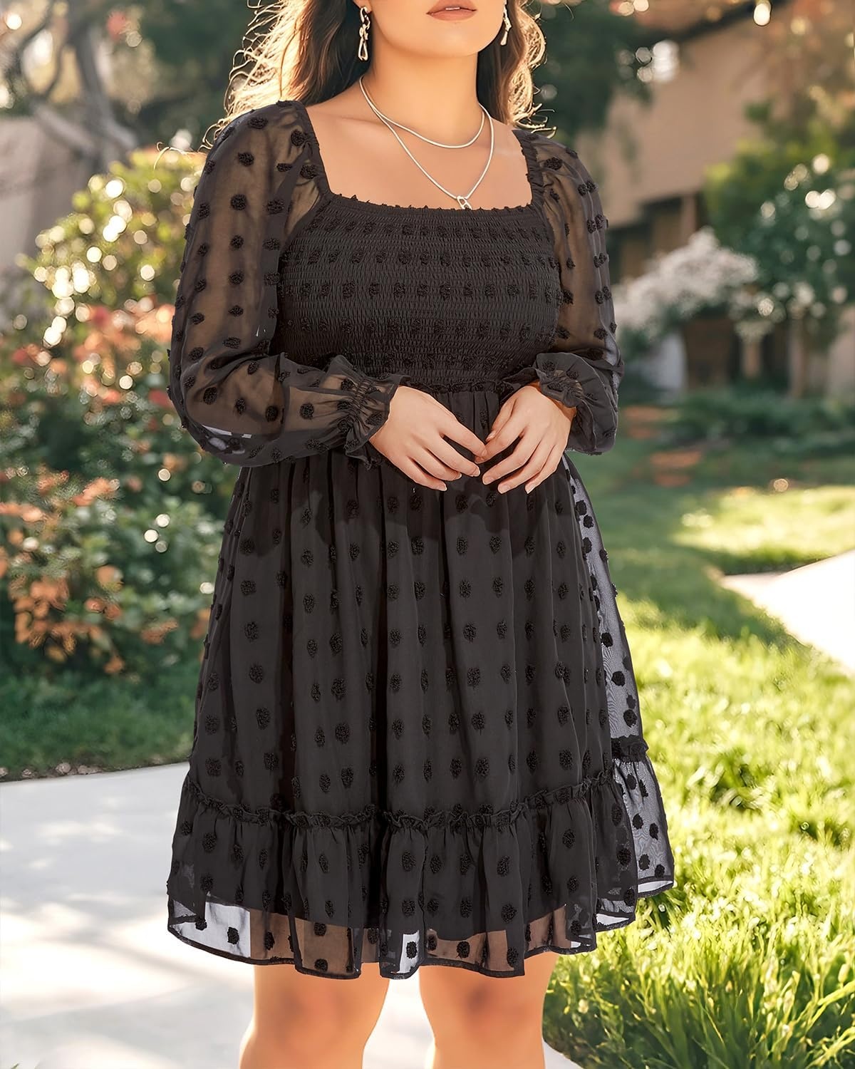 Plus Size Square Neck Puff Sleeve Swiss Dot Graduation Dress | Swiss dot chiffon / square neck / puff sleeves / smocked bodice / tiered ruffle hem / flowy short dress(Black Long Sleeve)