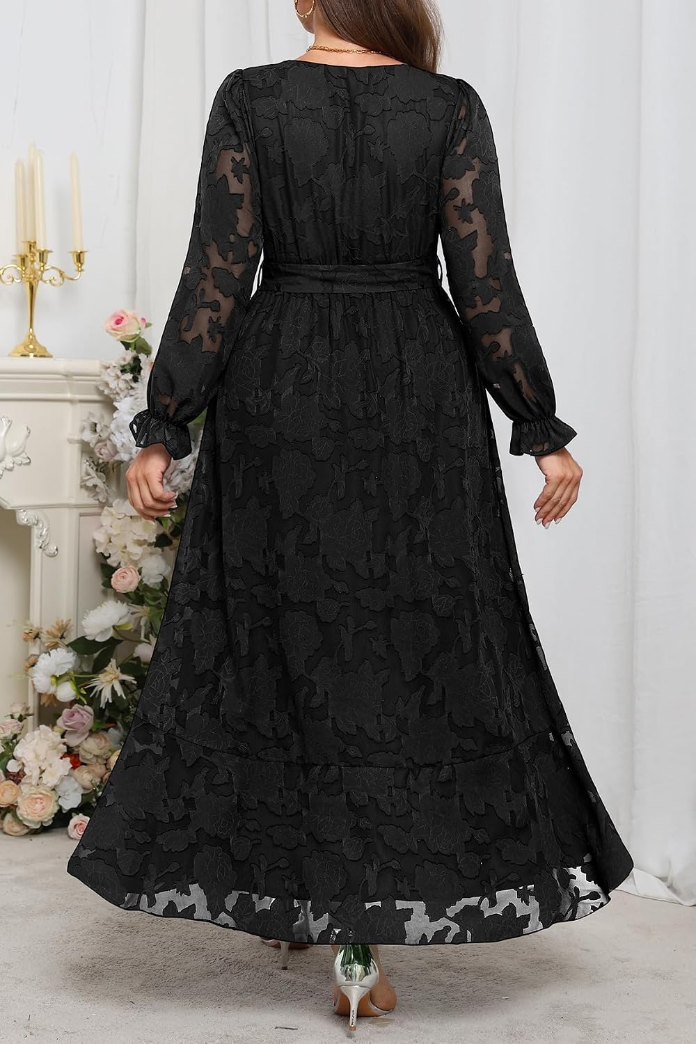 Plus Size Dresses Wedding Guest Fall Floral Long Sleeve Maxi Dress Women(Black)