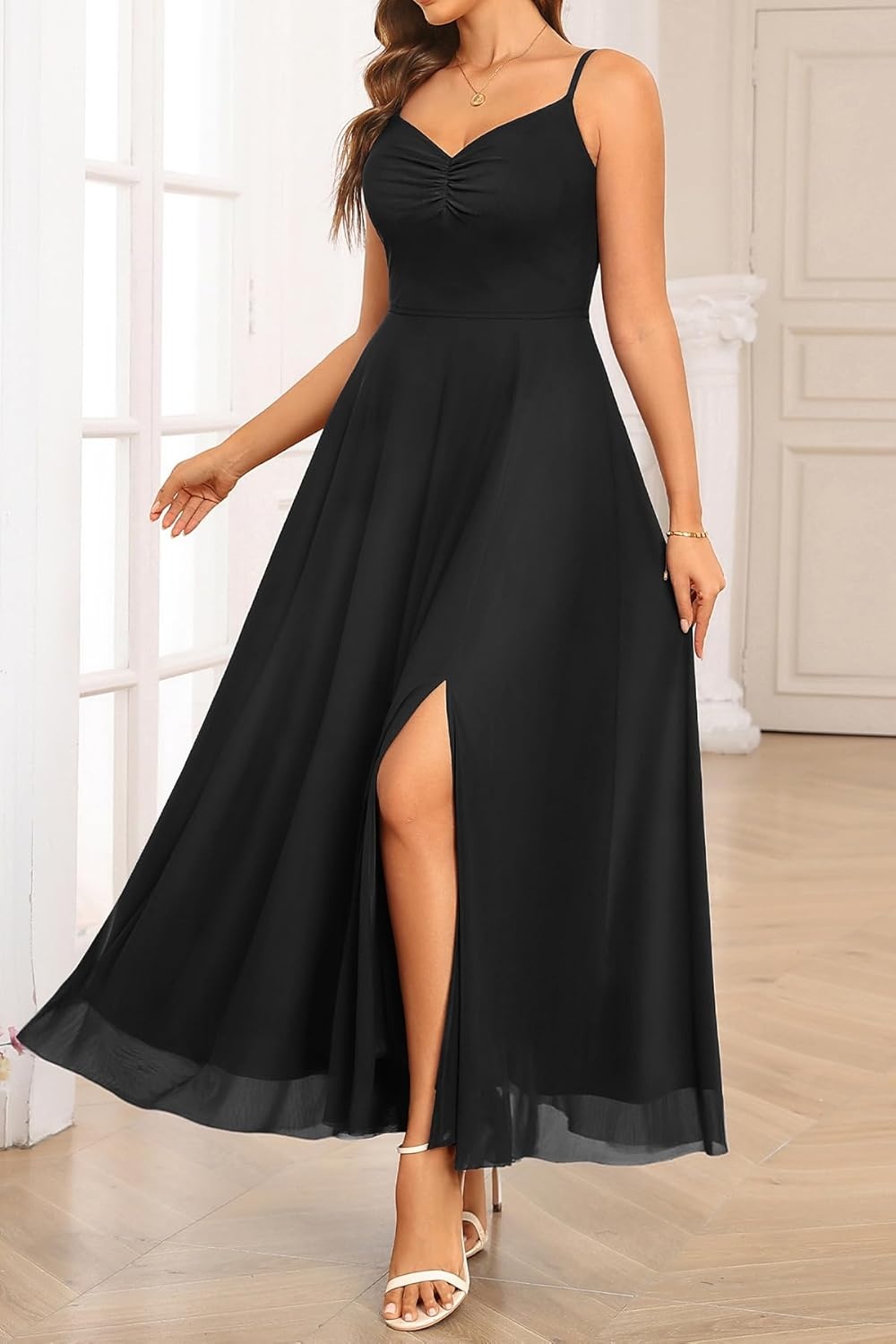 Talisea Summer Wedding Guest Dress Spaghetti Strap Formal Spring Cocktail Party Elegant A Line Long Maxi Dresses Slit Women(Black)