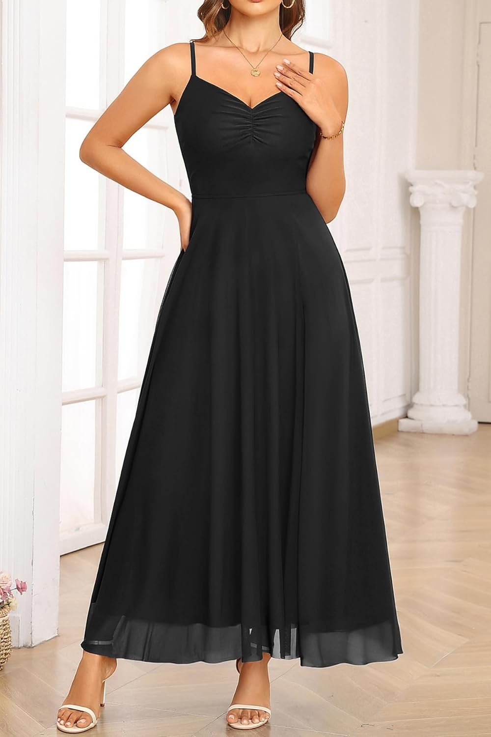 Talisea Summer Wedding Guest Dress Spaghetti Strap Formal Spring Cocktail Party Elegant A Line Long Maxi Dresses Slit Women(Black)