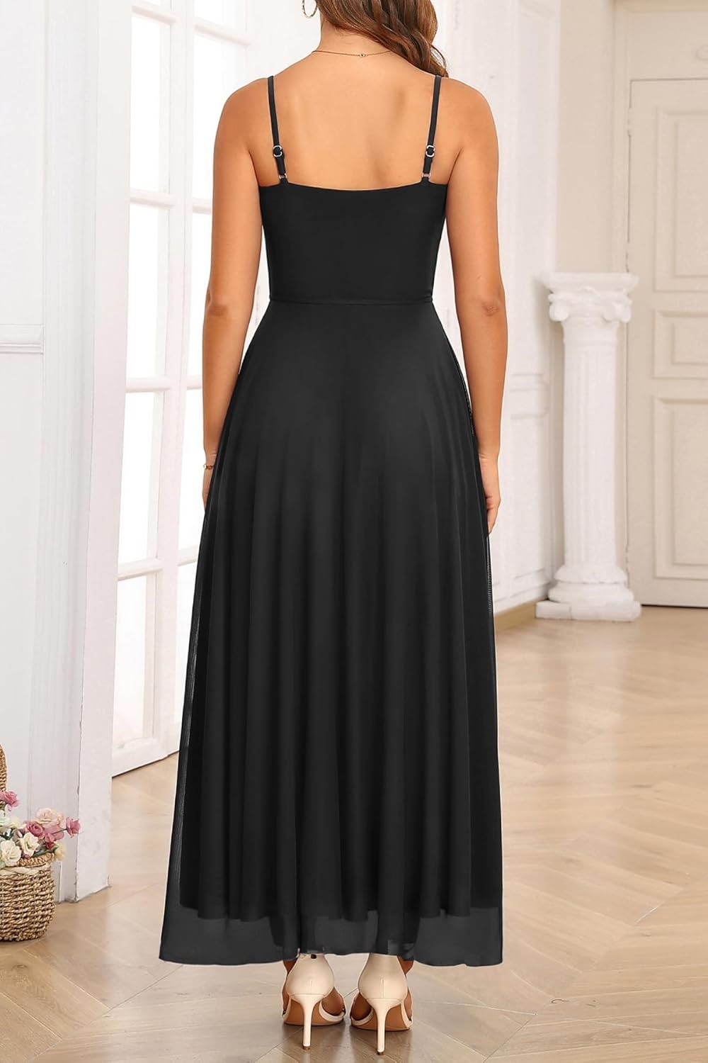 Talisea Summer Wedding Guest Dress Spaghetti Strap Formal Spring Cocktail Party Elegant A Line Long Maxi Dresses Slit Women(Black)