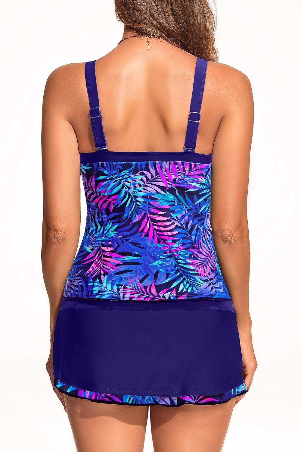 Talisea Tankini with Skirt – Tummy Control V-Wire Swimsuit with Drawstring(Blue Purple Leaves)