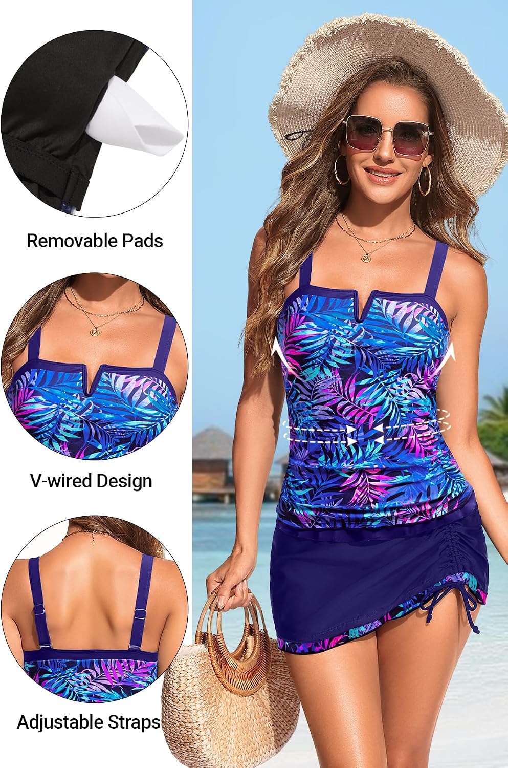Talisea Tankini with Skirt – Tummy Control V-Wire Swimsuit with Drawstring(Blue Purple Leaves)