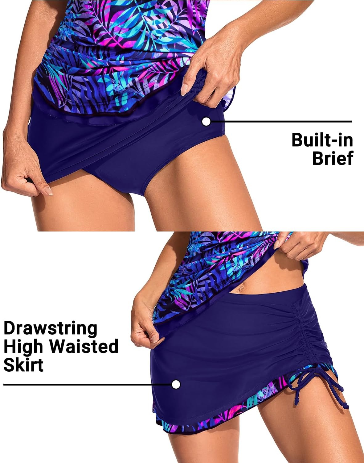 Talisea Tankini with Skirt – Tummy Control V-Wire Swimsuit with Drawstring(Blue Purple Leaves)