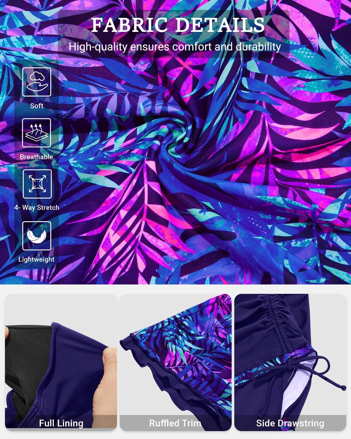 Talisea Tankini with Skirt – Tummy Control V-Wire Swimsuit with Drawstring(Blue Purple Leaves)