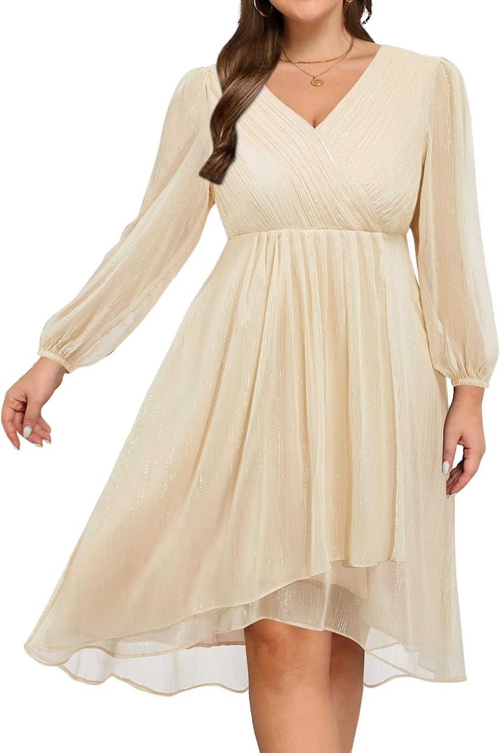 Talisea Plus Size Cocktail Dress – Formal Wedding Guest Fall Long Sleeve A Line Pleated V Neck Midi Dresses for Curvy Women(Champagne)