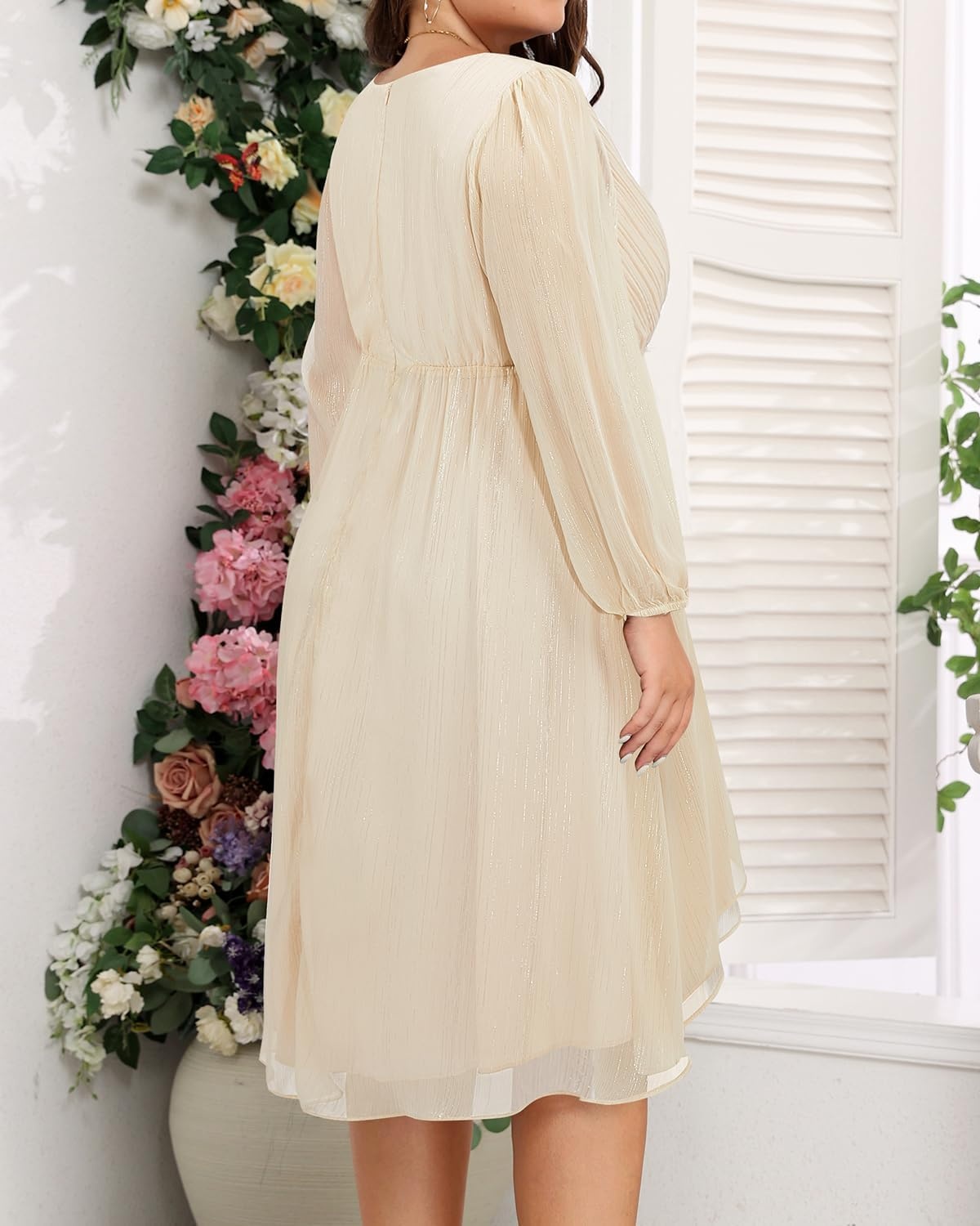 Talisea Plus Size Cocktail Dress – Formal Wedding Guest Fall Long Sleeve A Line Pleated V Neck Midi Dresses for Curvy Women(Champagne)