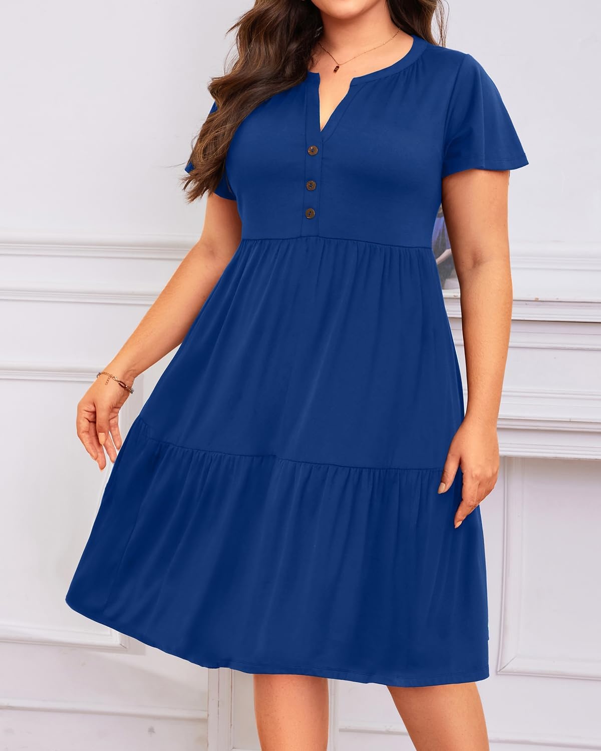 Plus Size Summer Dress Casual Boho Button Up Tiered Midi Sundress Women | Plus Size Summer Casual Dress Curvy Women Flowy Boho Beach Vacation Sundress Eyelet Short Sleeve V Neck Tiered Midi Dresses(Dark Blue)