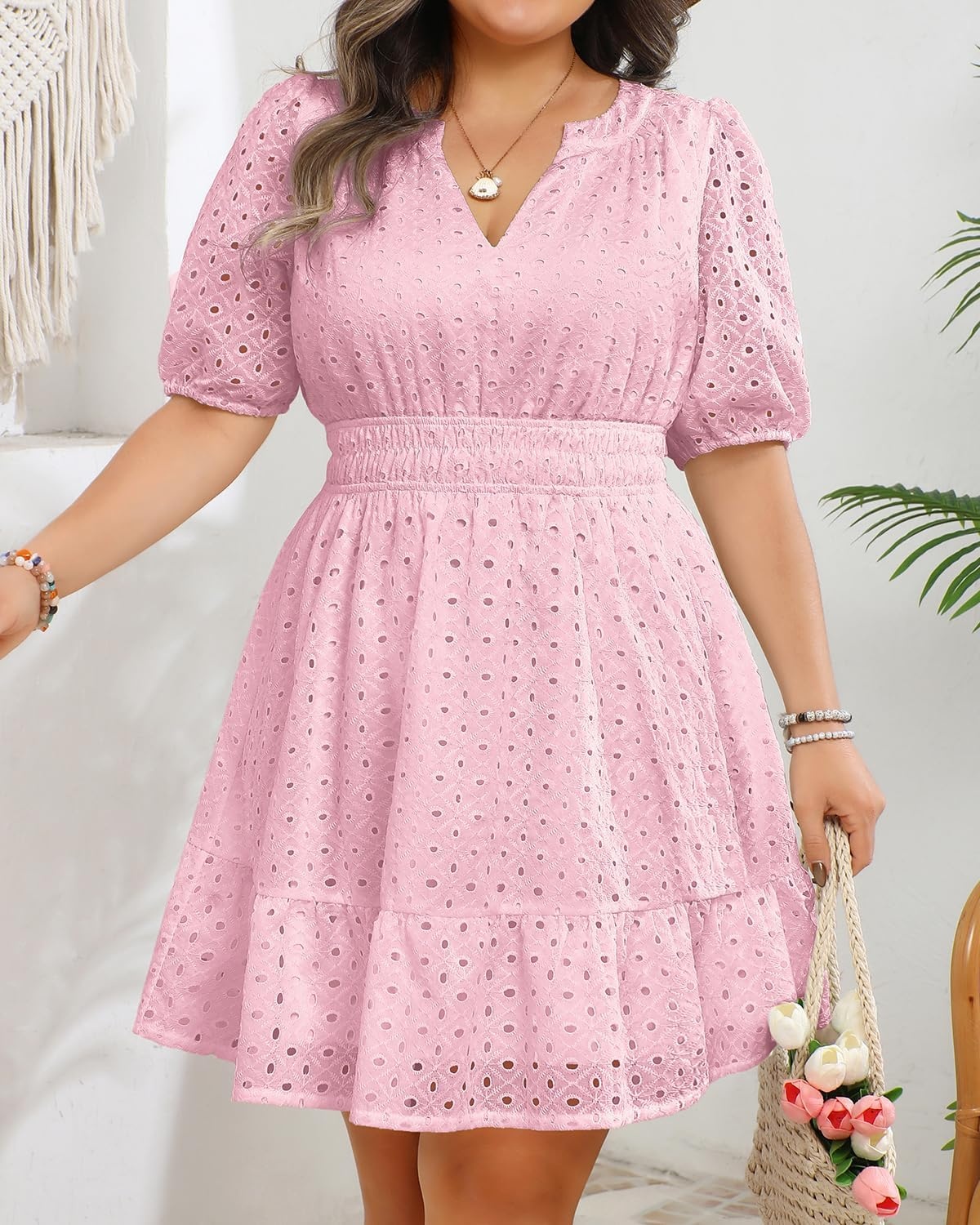 Womens Plus Size Summer Dresses – Hollow Out Eyelet Lace Ruffle Aline Short Graduation Dress for Beach Vacation Party(Pink)