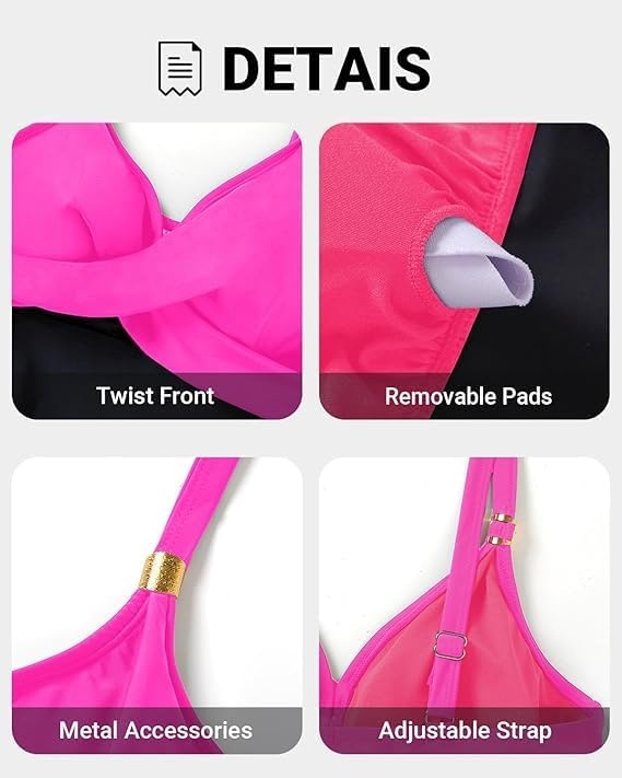 Womens Flowy Tankini Tops Only – Twist V Neck Swimsuit Bathing Suits(Black & Pink)