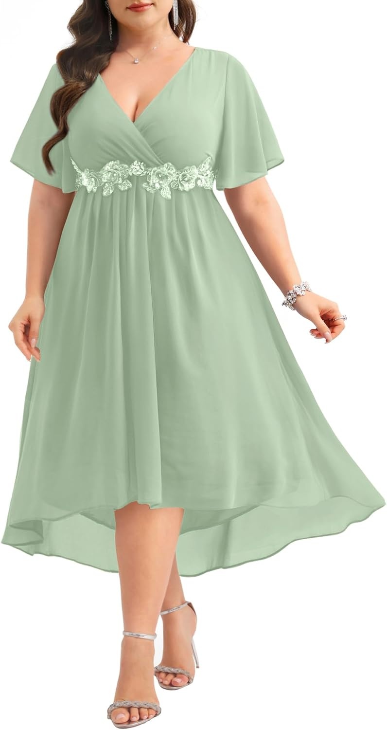 TALISEA Plus Size Dresses Wedding Guest – Formal Cocktail Chiffon Appliques V Neck Ruffle Short Sleeve High Low Dress Women(Sage Green)