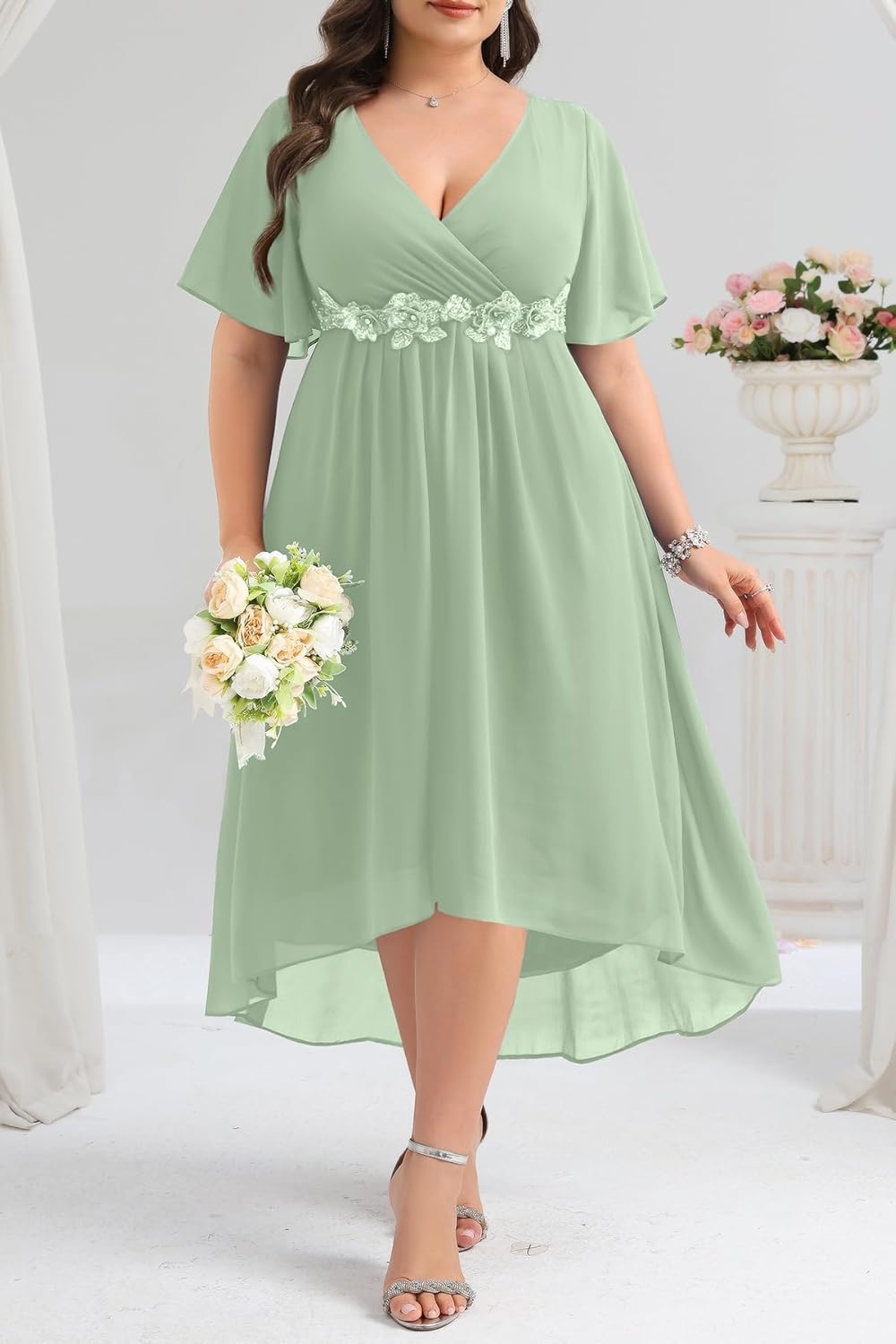 TALISEA Plus Size Dresses Wedding Guest – Formal Cocktail Chiffon Appliques V Neck Ruffle Short Sleeve High Low Dress Women(Sage Green)