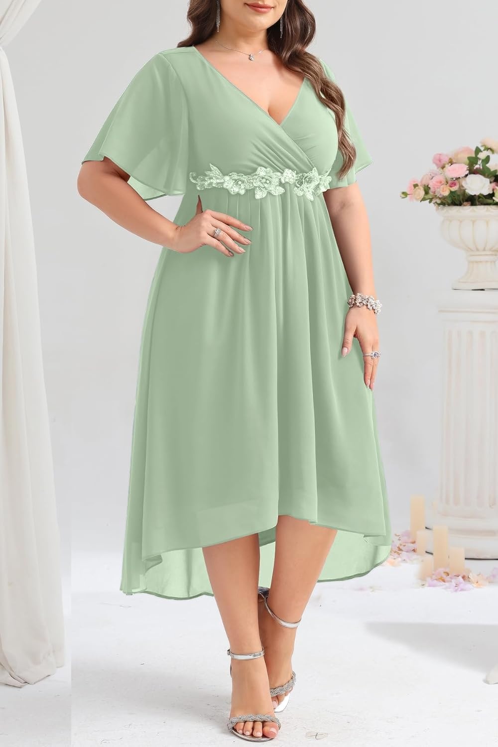 TALISEA Plus Size Dresses Wedding Guest – Formal Cocktail Chiffon Appliques V Neck Ruffle Short Sleeve High Low Dress Women(Sage Green)
