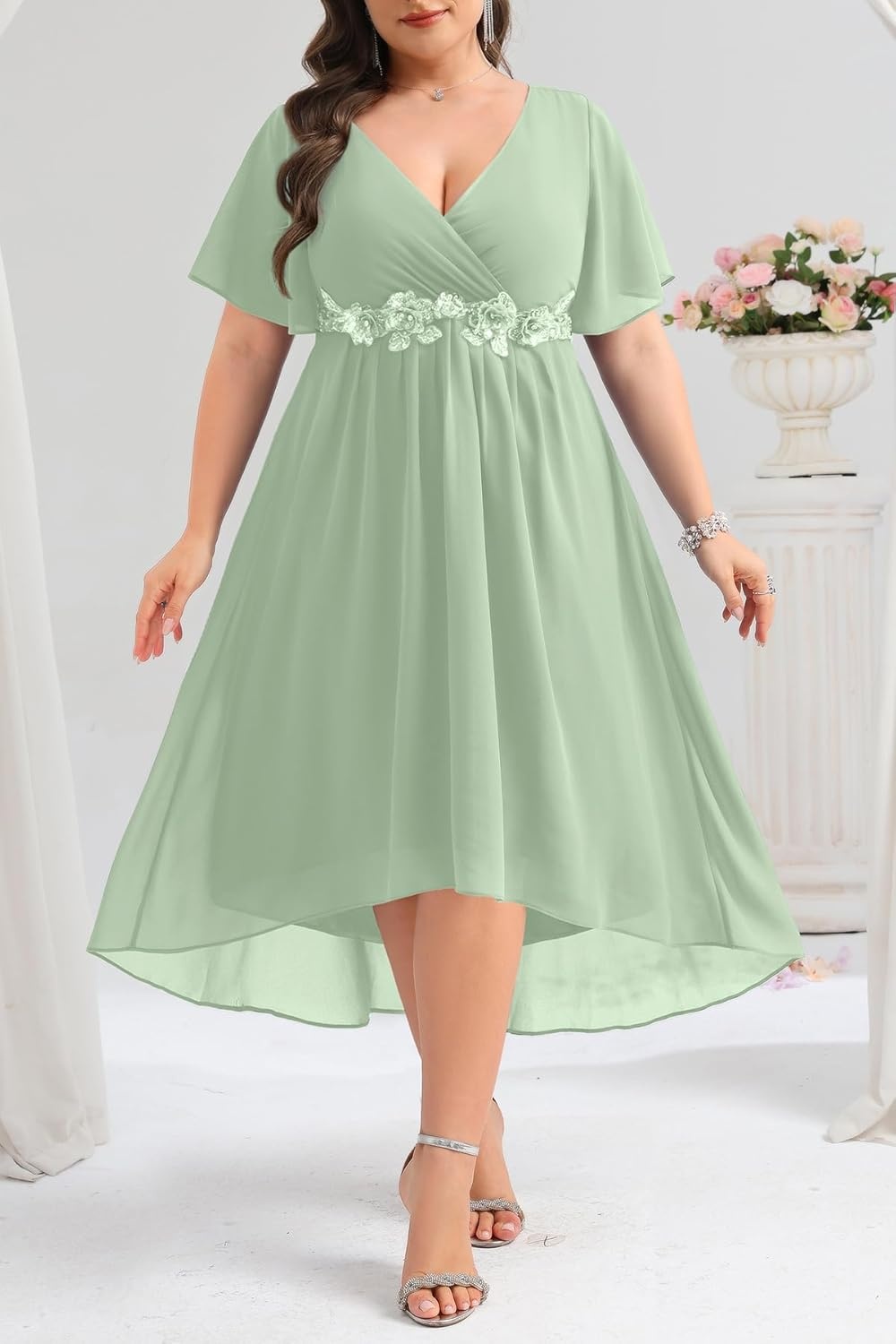 TALISEA Plus Size Dresses Wedding Guest – Formal Cocktail Chiffon Appliques V Neck Ruffle Short Sleeve High Low Dress Women(Sage Green)
