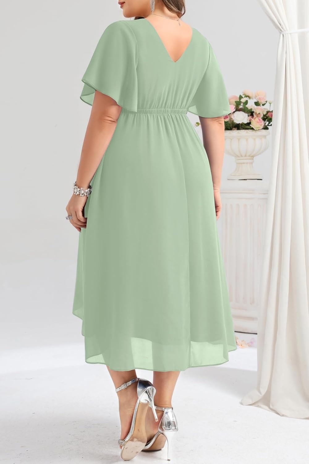 TALISEA Plus Size Dresses Wedding Guest – Formal Cocktail Chiffon Appliques V Neck Ruffle Short Sleeve High Low Dress Women(Sage Green)