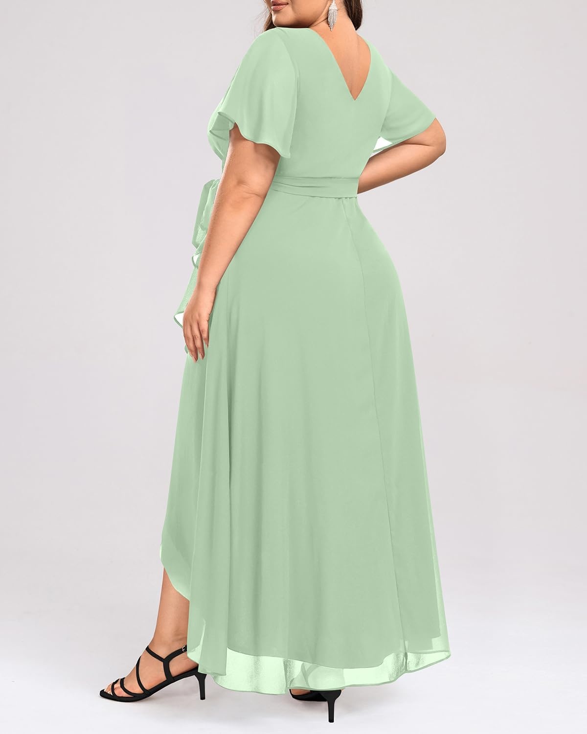 Talisea Plus Size Wedding Guest Dress – High Low Chiffon Ruffle Formal Gown(Sage Green)