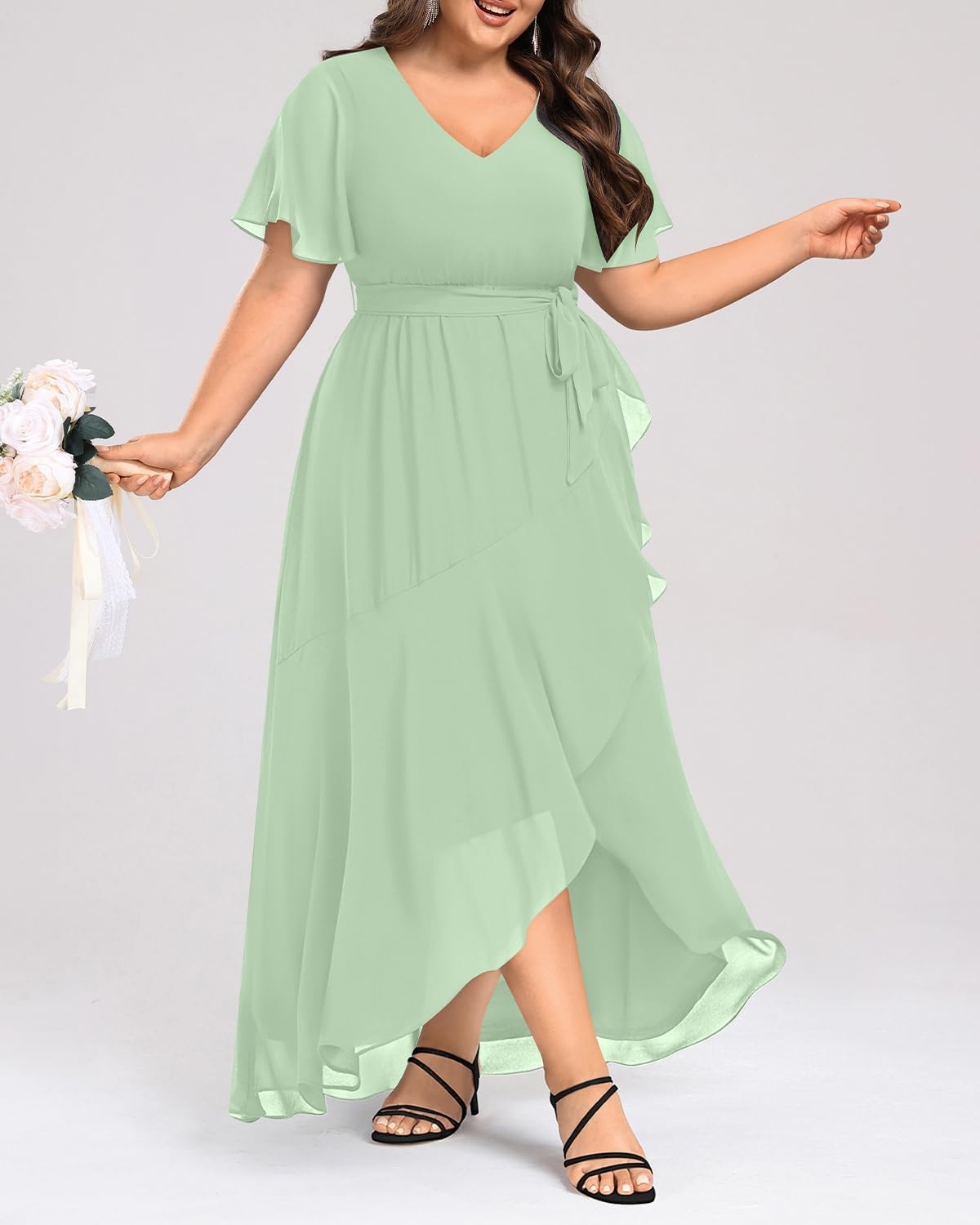 Talisea Plus Size Wedding Guest Dress – High Low Chiffon Ruffle Formal Gown(Sage Green)