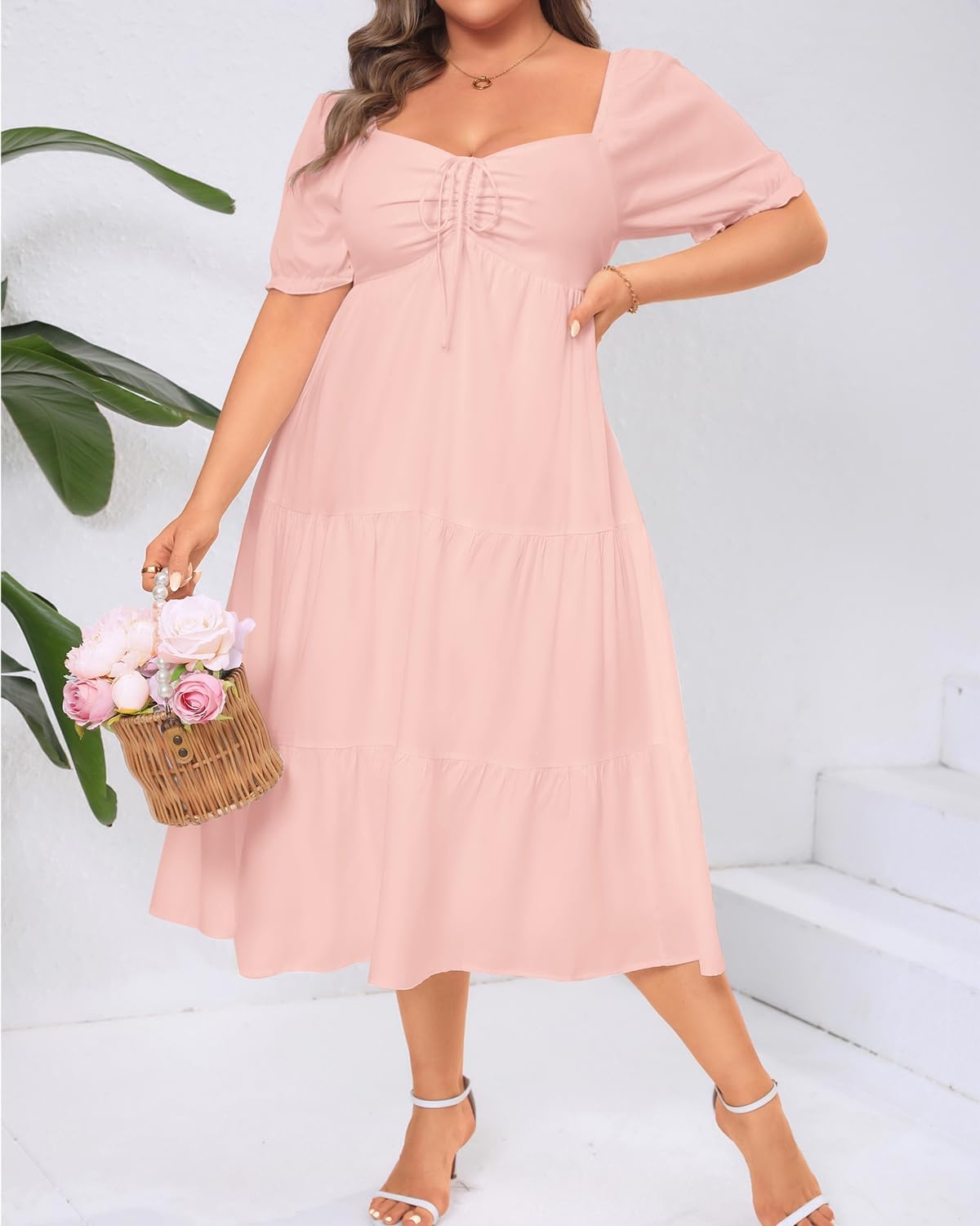 Talisea Plus Size Summer Dress – Casual A-line Flowy Midi Dress for Women(Pink)