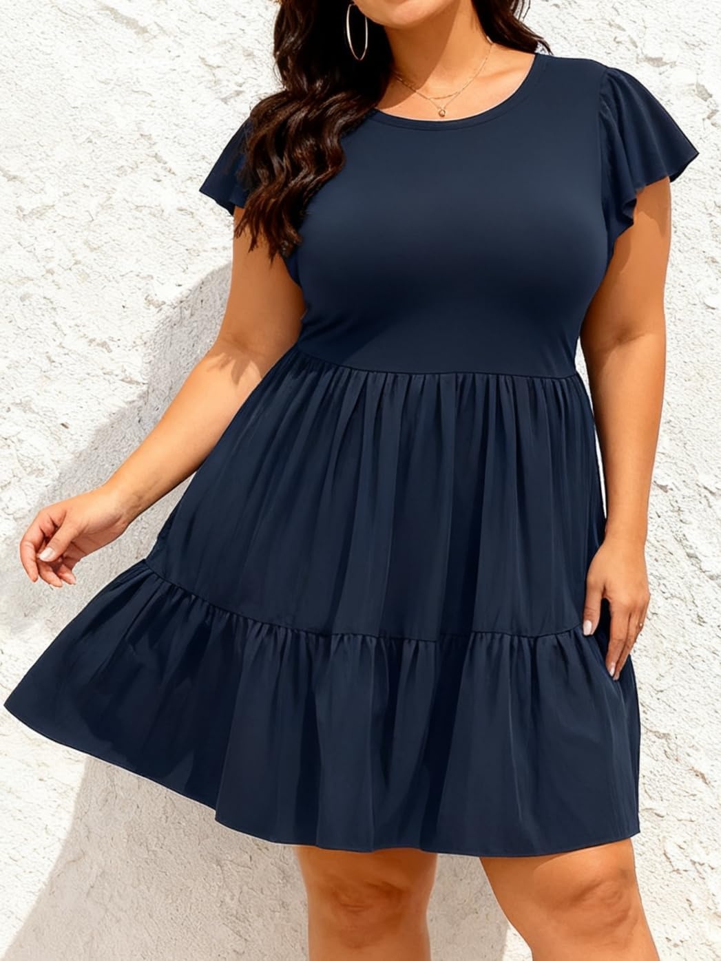 Talisea Plus Size Summer Dresses for Women Casual Short Dress | Flutter Sleeve / V neck / pockets / summer casual/ Short Babydoll(Navy Blue)