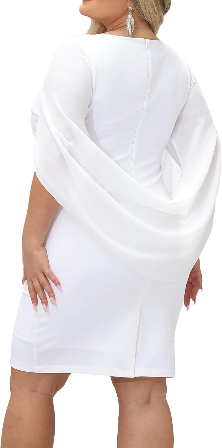 Talisea Plus Size Wedding Guest Dress – Women Chiffon Cape Semi Formal Cocktail Party Bodycon Dresses(White)