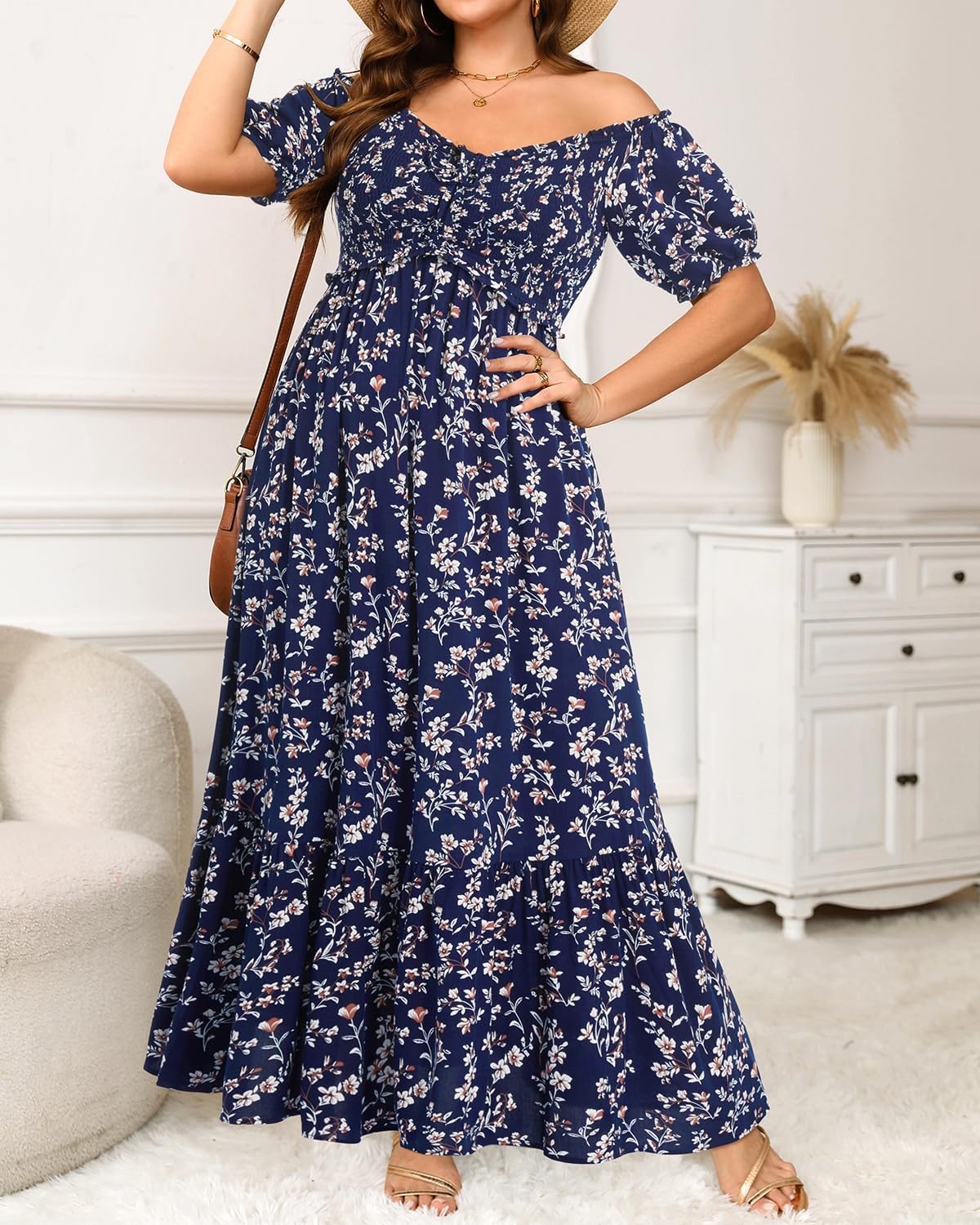 Plus Size Summer Dresses Off the Shoulder Boho Maxi A Line Long Dress Women(Navy Floral)
