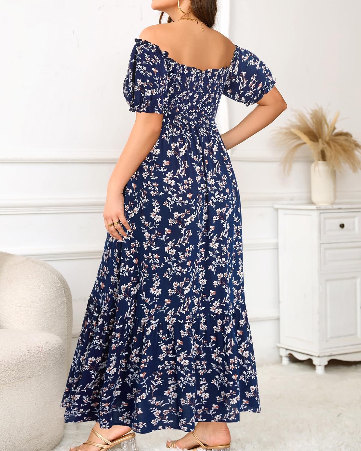 Plus Size Summer Dresses Off the Shoulder Boho Maxi A Line Long Dress Women(Navy Floral)