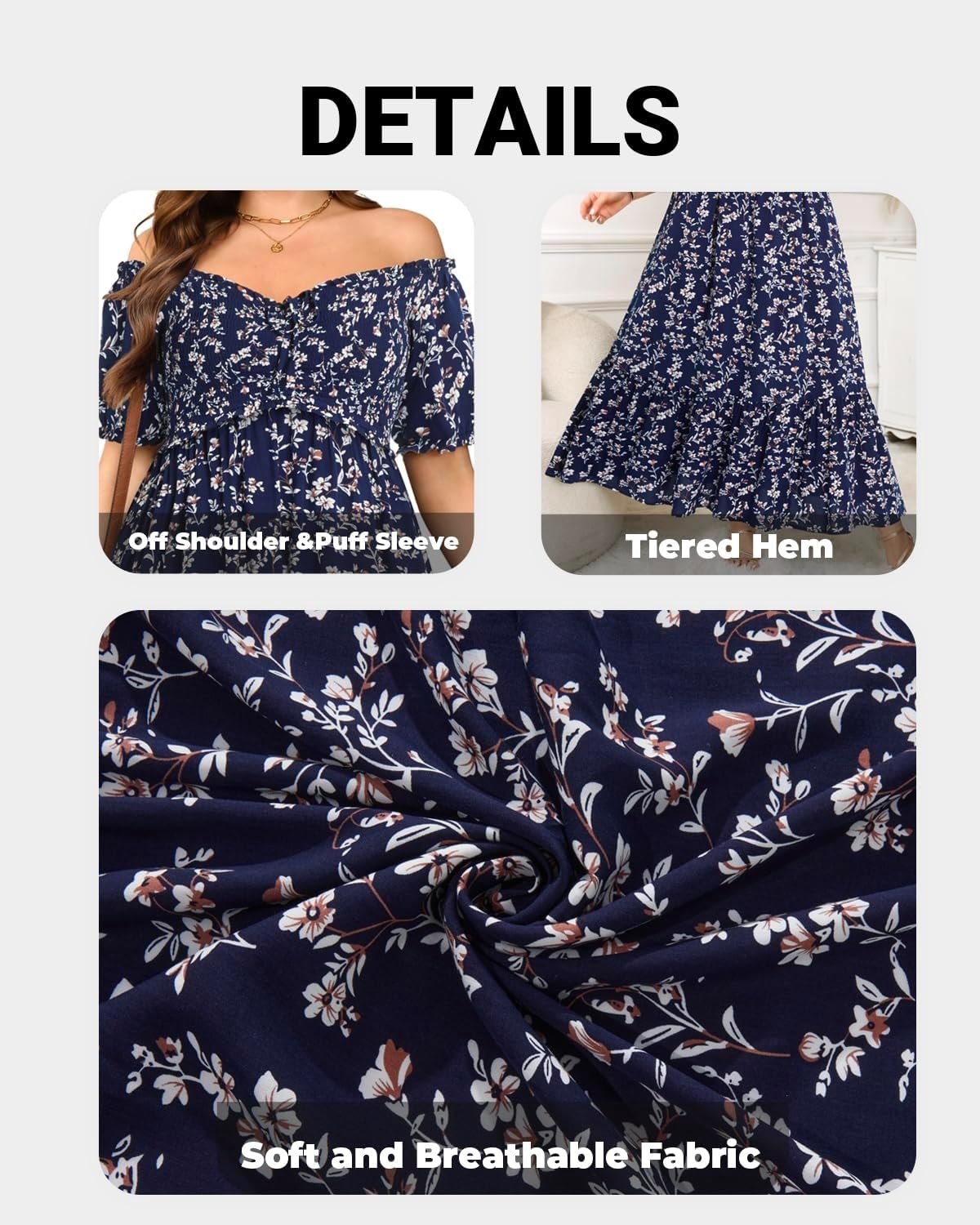 Plus Size Summer Dresses Off the Shoulder Boho Maxi A Line Long Dress Women(Navy Floral)