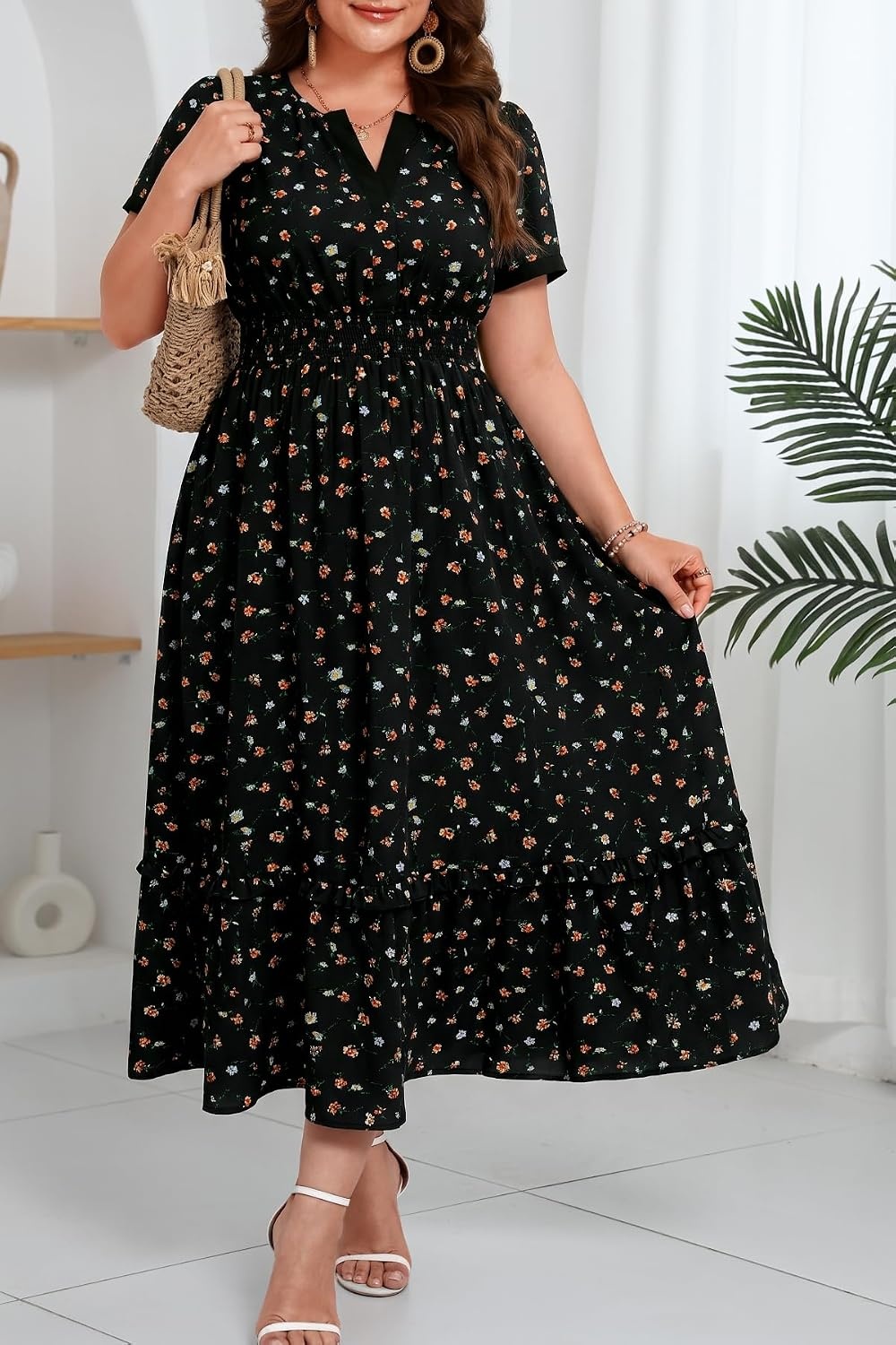 Talisea Plus Size Summer Dresses – Casual Boho Cotton Long Maxi Dress Women | Flow Plus Size Summer Maxi Dress Casual Long Dresses Curvy Women Boho Short Sleeve Dress Slit Fall Long Sleeve A-Line Dress(Black Floral)