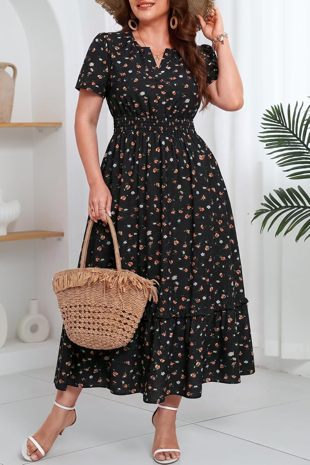 Talisea Plus Size Summer Dresses – Casual Boho Cotton Long Maxi Dress Women | Flow Plus Size Summer Maxi Dress Casual Long Dresses Curvy Women Boho Short Sleeve Dress Slit Fall Long Sleeve A-Line Dress(Black Floral)