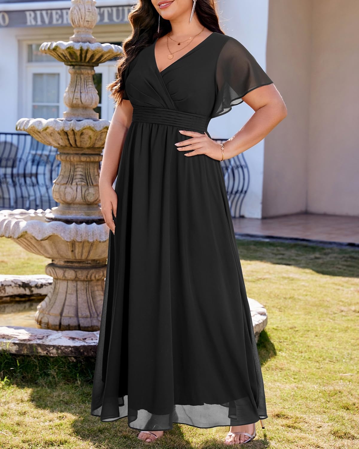Talisea Plus Size Formal Dresses – V Neck Flutter Sleeve Glitter Prom Evening Gowns Wedding Guest Chiffon Long Maxi Dress(Black-chiffon)