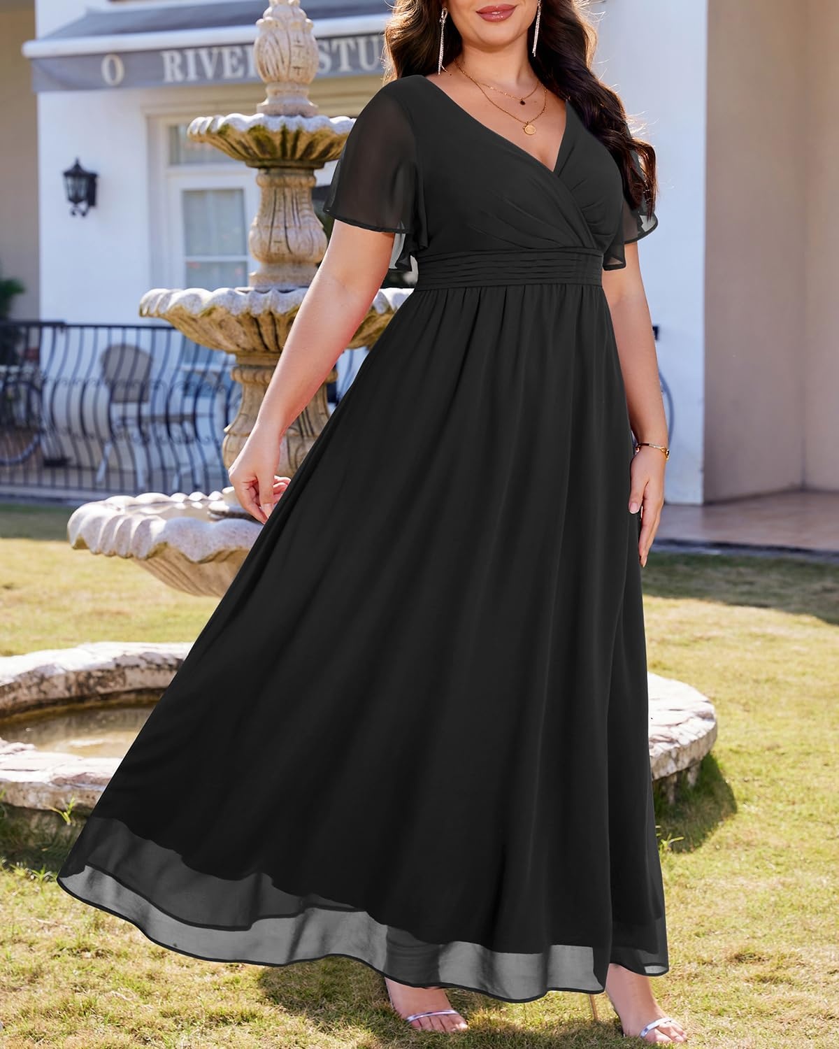 Talisea Plus Size Formal Dresses – V Neck Flutter Sleeve Glitter Prom Evening Gowns Wedding Guest Chiffon Long Maxi Dress(Black-chiffon)