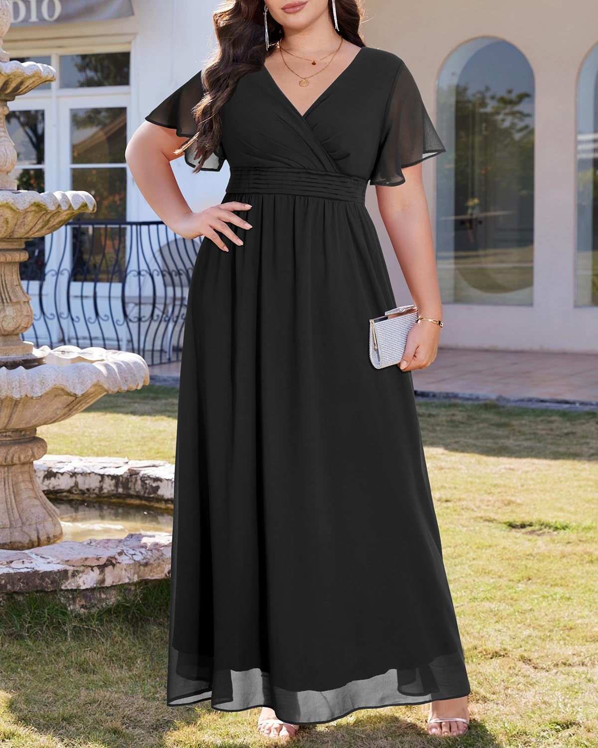 Talisea Plus Size Formal Dresses – V Neck Flutter Sleeve Glitter Prom Evening Gowns Wedding Guest Chiffon Long Maxi Dress(Black-chiffon)