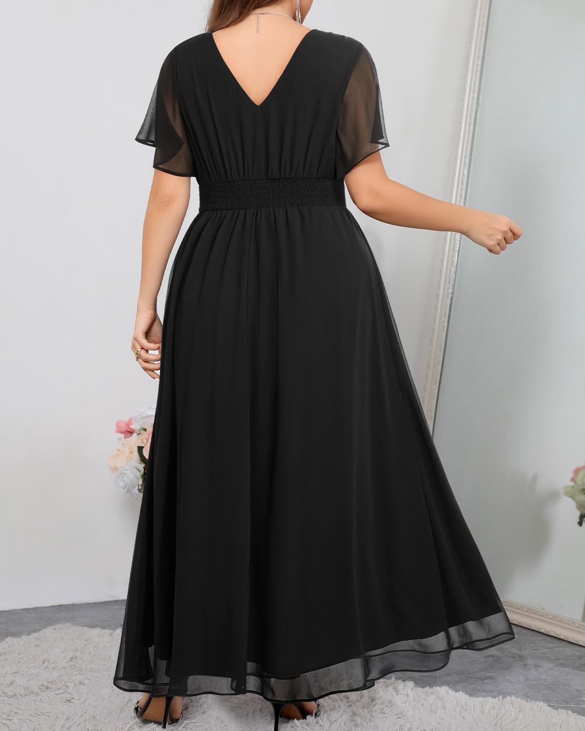 Talisea Plus Size Formal Dresses – V Neck Flutter Sleeve Glitter Prom Evening Gowns Wedding Guest Chiffon Long Maxi Dress(Black-chiffon)