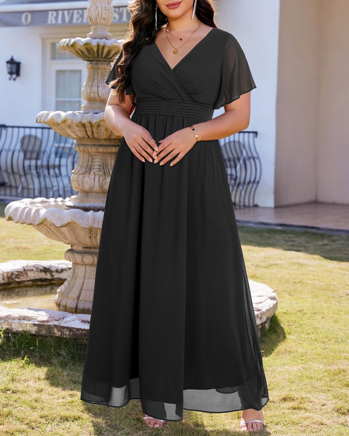Talisea Plus Size Formal Dresses – V Neck Flutter Sleeve Glitter Prom Evening Gowns Wedding Guest Chiffon Long Maxi Dress(Black-chiffon)
