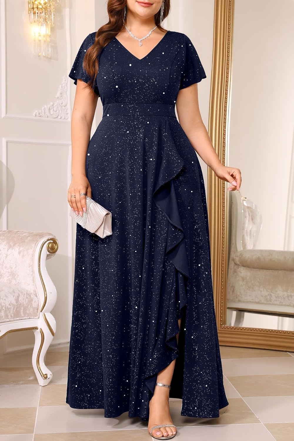 Talisea Plus Size Formal V Neck Ruffle Sleeve High Slit Evening Maxi Dress | Stretch fabric / sparkly or solid / V neck / ruffle sleeves / high slit / flowy maxi / formal evening wear(Sparkly Navy Blue)