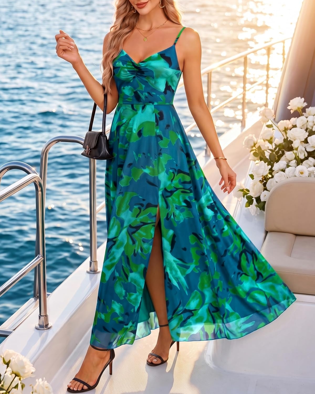 Summer Wedding Guest Dress Spaghetti Strap Formal A Line Maxi Dresses Women(Floral Green)