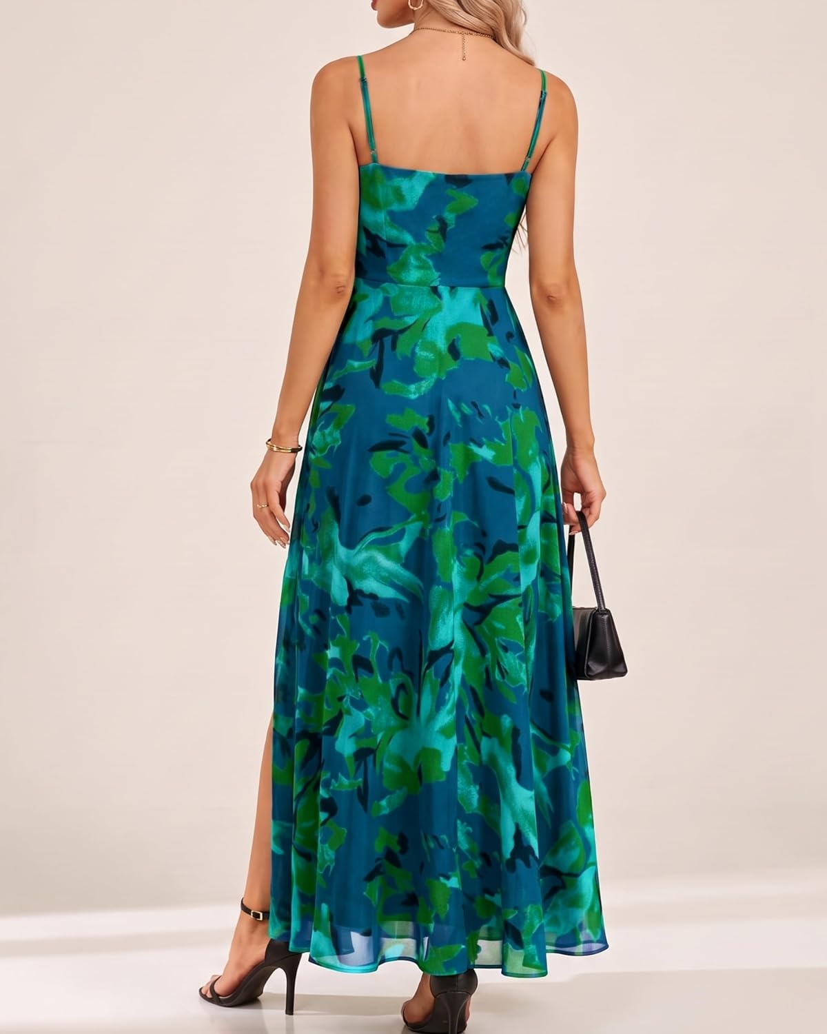 Summer Wedding Guest Dress Spaghetti Strap Formal A Line Maxi Dresses Women(Floral Green)