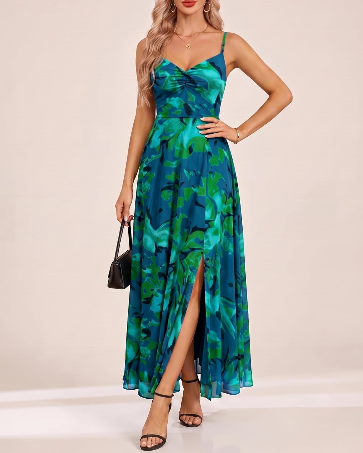 Summer Wedding Guest Dress Spaghetti Strap Formal A Line Maxi Dresses Women(Floral Green)