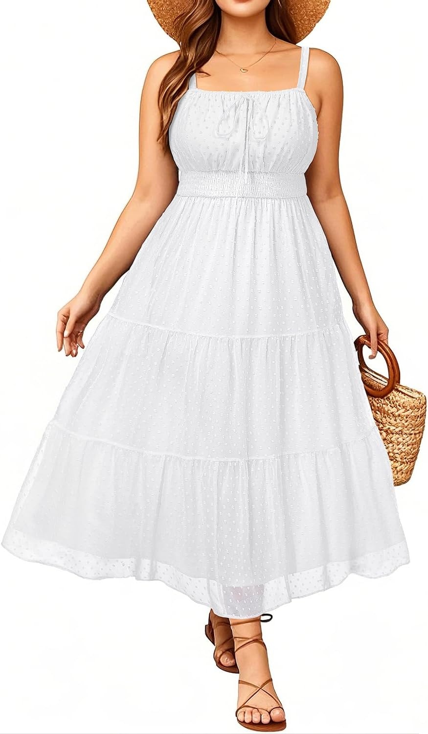 Talisea Plus Size Summer Dress – Boho Spaghetti Strap Maxi Dress Women | Casual boho long maxi sundress with pockets, adjustable spaghetti straps & flowy fit for summer beach vacation.(White)