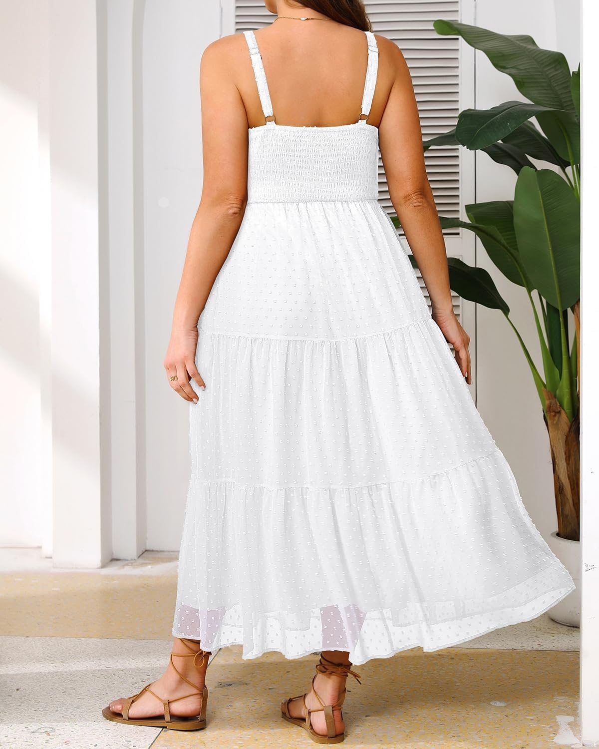 Talisea Plus Size Summer Dress – Boho Spaghetti Strap Maxi Dress Women | Casual boho long maxi sundress with pockets, adjustable spaghetti straps & flowy fit for summer beach vacation.(White)