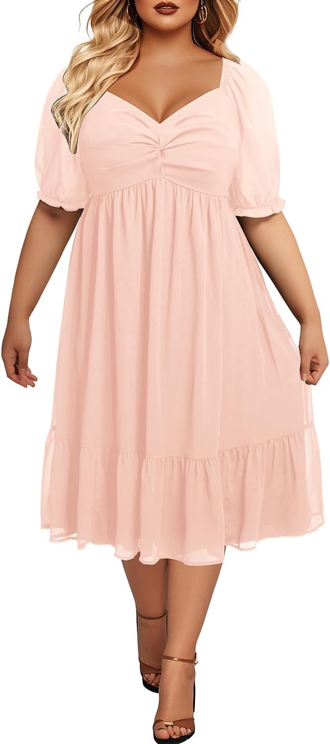Talisea Plus Size Dresses Sweetheart Neckline Long Sleeves Chiffon Party Cocktail A Line Curvy Womens Midi Dress(Short Sleeves-pink)