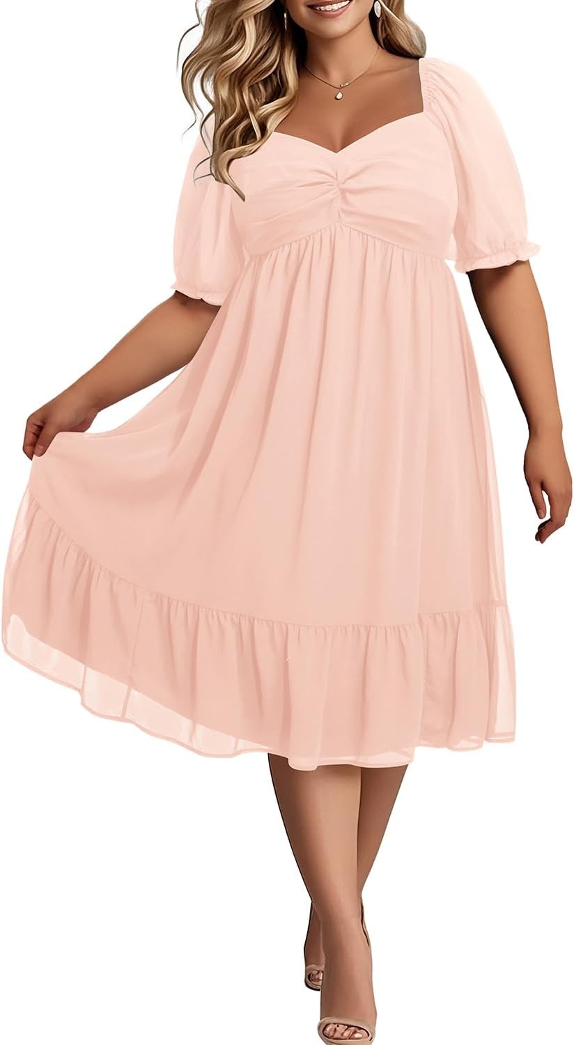 Talisea Plus Size Dresses Sweetheart Neckline Long Sleeves Chiffon Party Cocktail A Line Curvy Womens Midi Dress(Short Sleeves-pink)