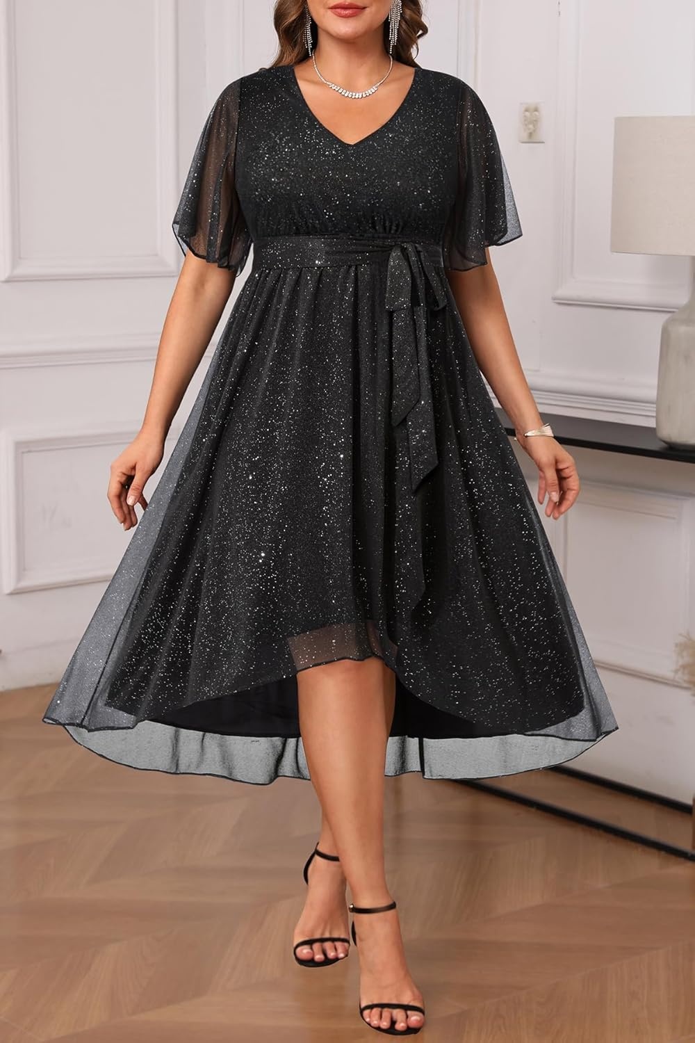 Talisea Plus Size Dresses Wedding Guest – Formal Cocktail Chiffon V Neck Short Sleeve High Low Dress Curvy Women(Black-glitter)