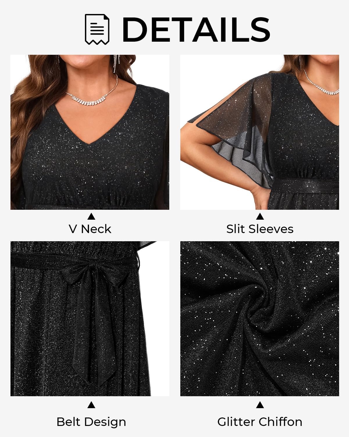 Talisea Plus Size Dresses Wedding Guest – Formal Cocktail Chiffon V Neck Short Sleeve High Low Dress Curvy Women(Black-glitter)