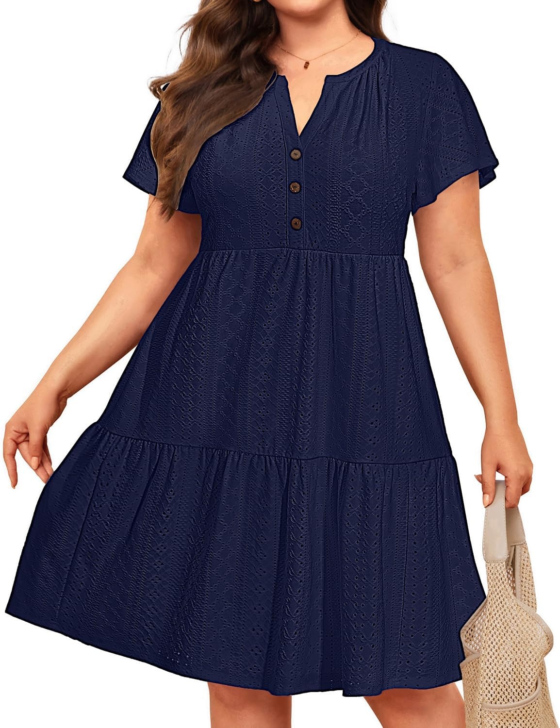 Plus Size Summer Dress – Casual Sundress Beach Short Sleeve V Neck Tiered Button Up Boho Midi Flowy Sun Dresses Women(Navy Blue Eyelet)
