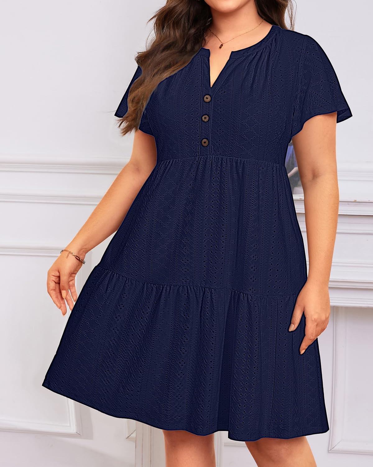 Plus Size Summer Dress – Casual Sundress Beach Short Sleeve V Neck Tiered Button Up Boho Midi Flowy Sun Dresses Women(Navy Blue Eyelet)